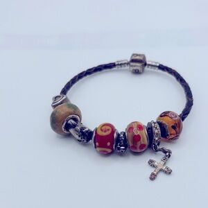 Sterling Silver and black leather Pandora Bracelet